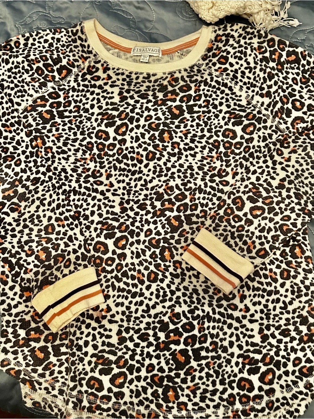 PJ salvage Leopard Print Pullover with Striped Cuffs